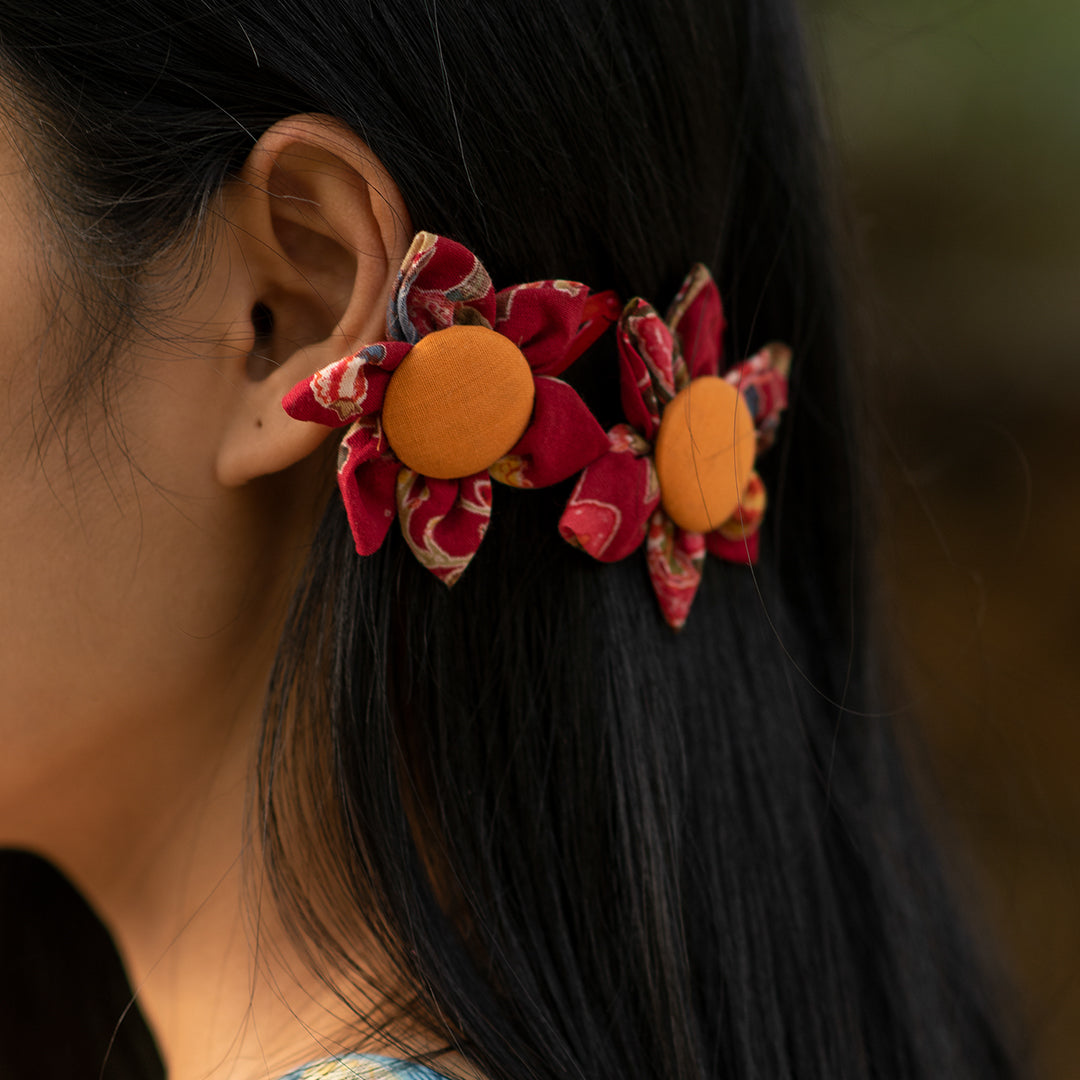 Buttoned Flower Hair Clip Set Of 6 : Assorted