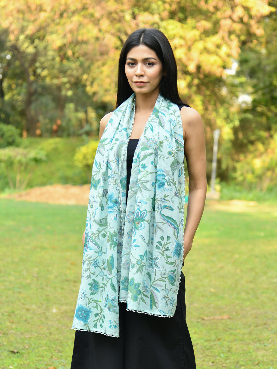 Stole With Beaded Lace : Kerala Aqua