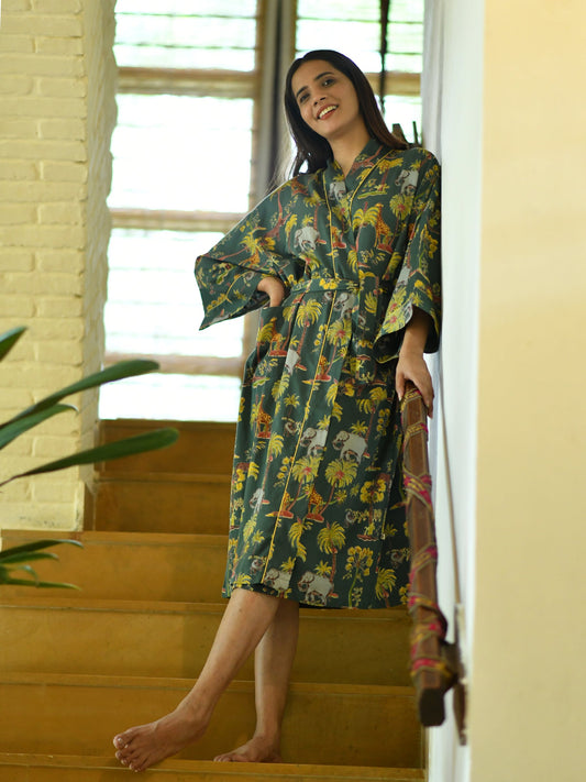 Cotton Satin Kimono : Safari Topiary Green