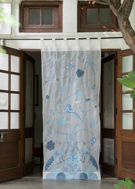 Organdy Curtain Tree Of Life Blue On White