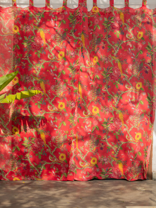 Printed Linen Curtain : Bird Coral