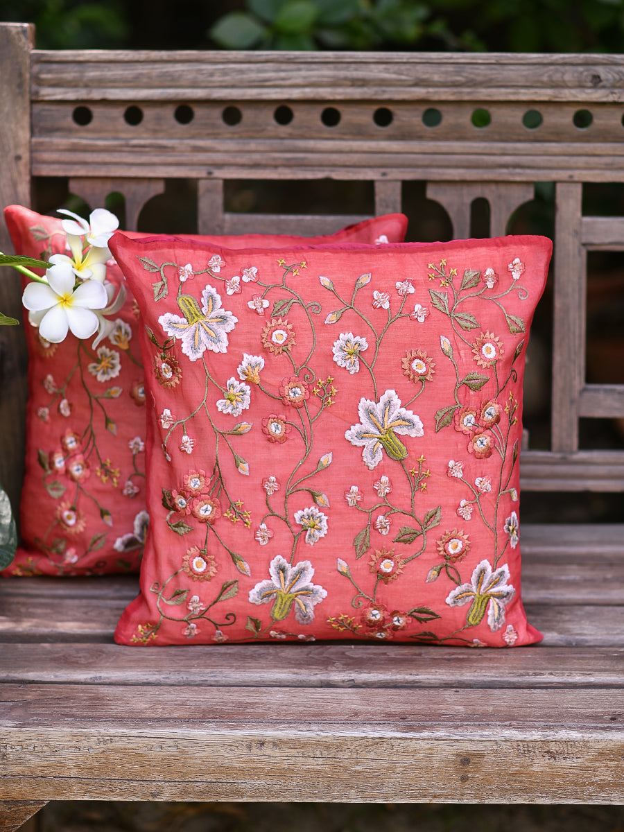 Vienna Emb Silk Cushion Cover : Red