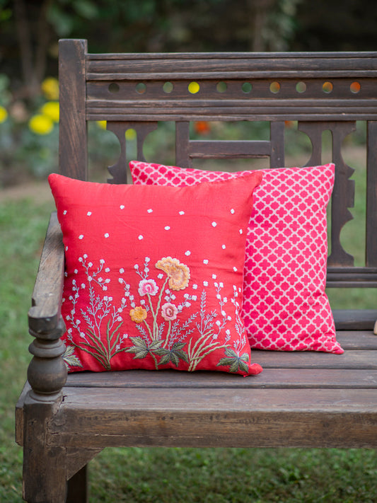 Embroidered Silk Cushion Cover : Vintage Floral Red